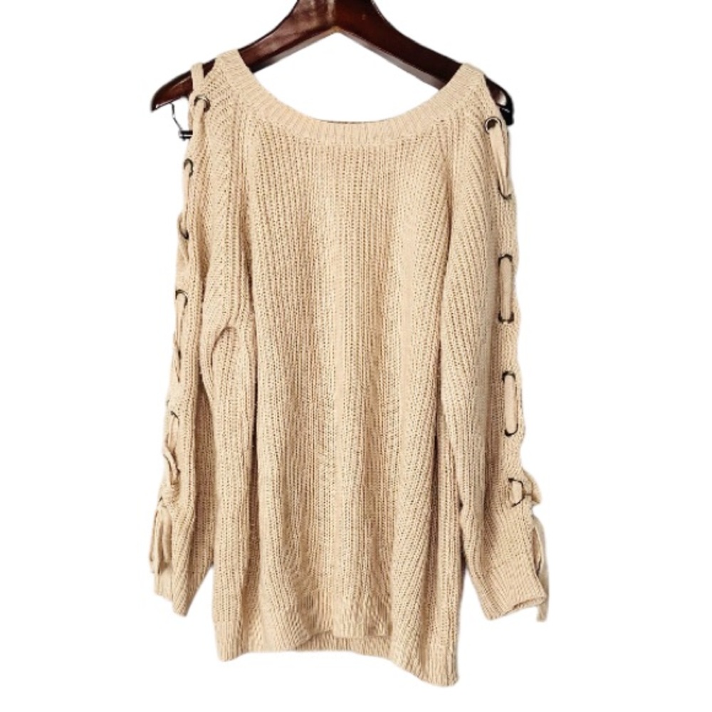 Modcloth Dreamers cream tan chunky loose knit tie up sleeve sweater medium